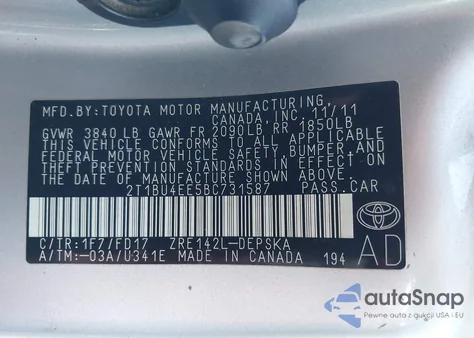 2011 Toyota Corolla S from USA, damaged, VIN 2T1BU4EE5BC731587